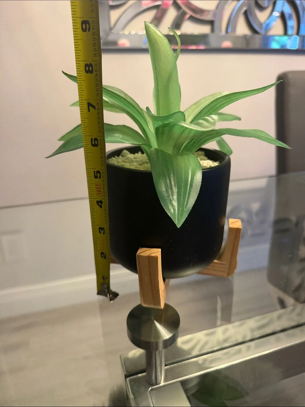 Artificial Green Succulent in Black Ceramic Pot with Wooden Stand